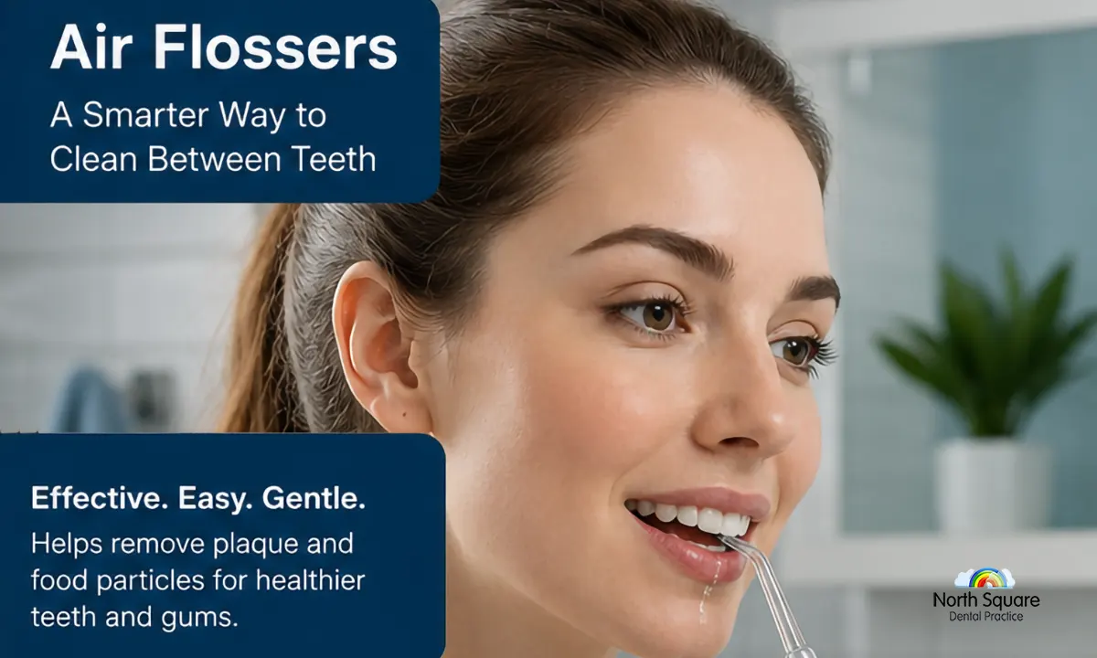 graphics showing a women happily using air flosser for teeth and gum cleaning