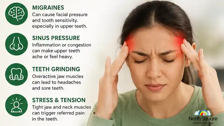 Common causes of teeth pain related to headache issues, including migraine-related nerve sensitivity, sinus pressure, jaw tension, teeth grinding.