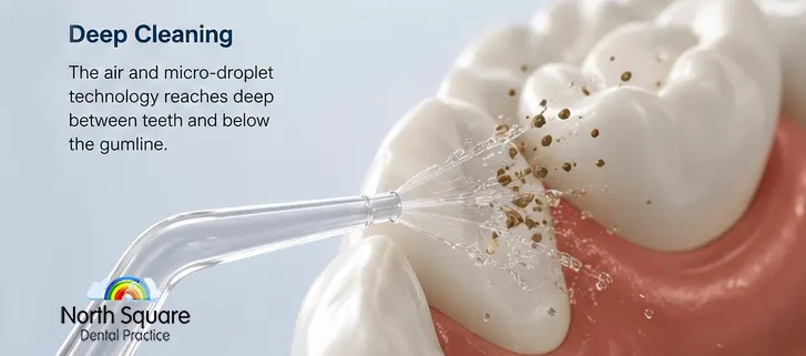 Air flosser technology demonstrated between teeth showing how it helps clean hard-to-reach areas
