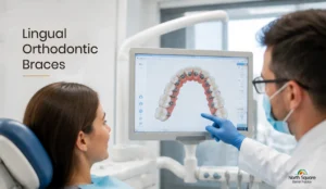 dentist explaining Lingual Orthodontic braces